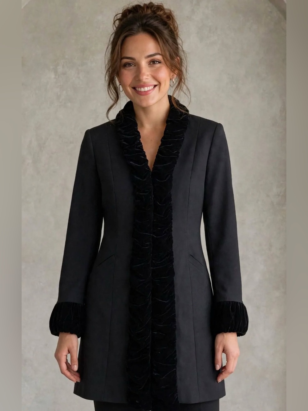 XL INC Beautiful Black Velvet-Trim Long Coat - Women Jackets & Coats